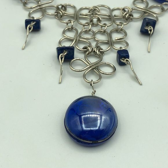 VINTAGE Silver Tone & Blue Floral Bib Necklace Retro Statement Pretty Festival - Picture 12 of 15